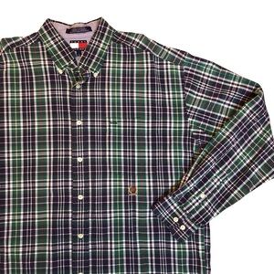 Vintage Tommy Hilfiger Plaid Button Down Shirt Mens Large Green Blue Long Sleeve